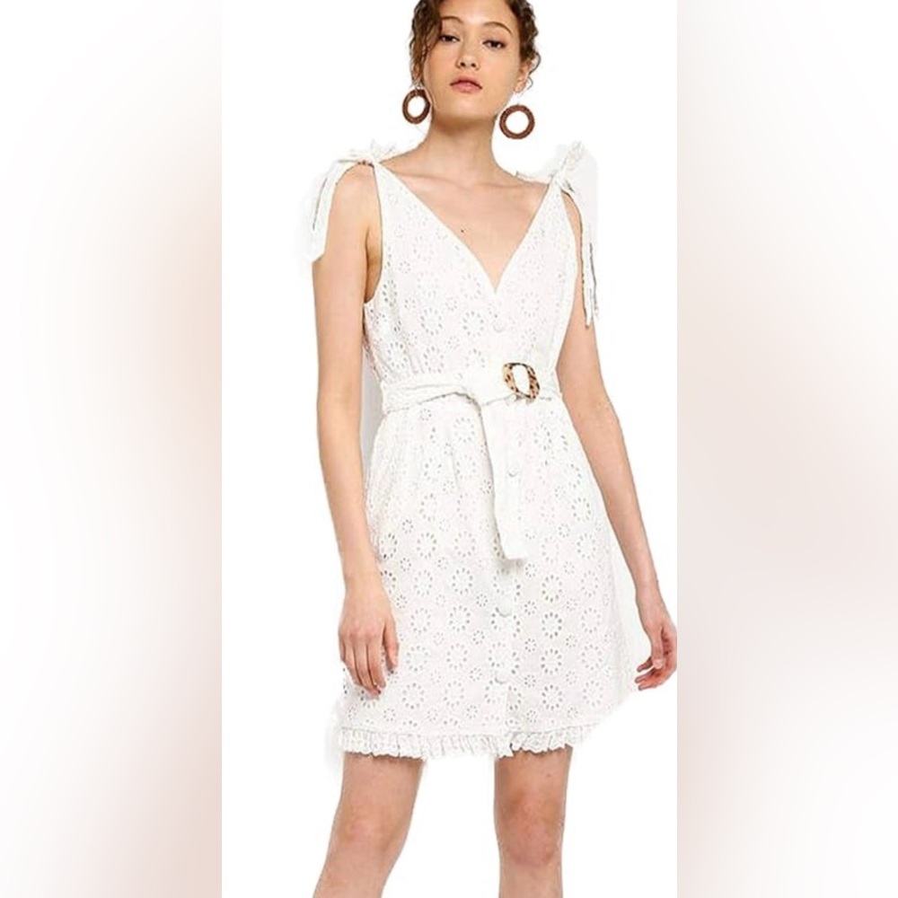 Topshop Womens White Broderie Buckle Belted Button up Mini Dress, Size 2